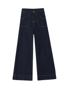 Retro Dark Blue Wide Leg Denim Womens Autumn High Waist Plus Size Loose Slim Looking Drape Mop Straight-leg Long Pants