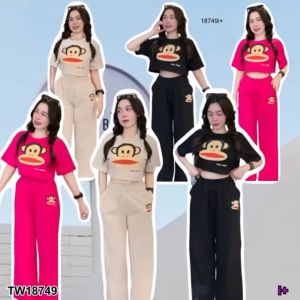 B18749 Set 2 ชิ้น เสื้อครอปแขนสั้น สกรีนลายการ์ตูน + กางเกงขายาว Set of 2 pieces. Crop top with short sleeves. cartoon pattern screen + trousers