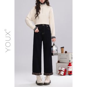 YOUXIANG | Quần Jeans Denim Thẳng Retro Ấm Áp cho Phụ Nữ