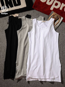 เสื้อกล้ามผ้าฝ้ายแท้แบบยาวปานกลางชายบานผ่าข้างสีล้วนทรงหลวมโอเวอร์ไซส์แฟชั่นแนวไฮสตรีทสไตล์ยุโรปอเมริกาเสื้อตัวในแขนกุด