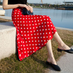 Half Length Slim Fit Chiffon Skirt High Waist Stylish Design Luxury Printed Fabric Midi Dress Red Dot Work Clothing Polyester 100%