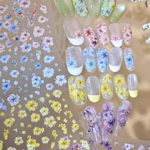 1Pcs 5D Embossed Cherry Blossom Nail Stickers Pink Blue Yellow Purple Sakura Self-Adhesive Nail Decals for Women Spring Manicure
