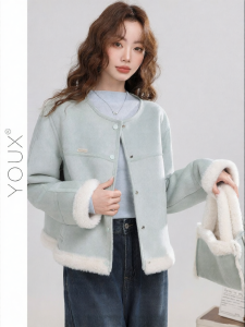 YOUXIANG | Áo Khoác Mùa Đông Ngắn cổ tròn phong cách Retro lông và da lộn