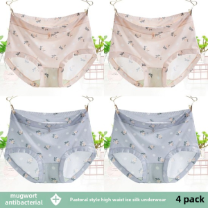 High-Waist Ice Silk Underwear for Women Sweet Style Cartoon Animation Pattern Antibacterial Briefs Plus Size Available