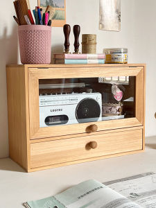 Zakka Style Wooden Desktop Storage Box Vintage Wooden Cabinet Glass Drawer Small Wood Cabinet Dustproof Miscellaneous Storage