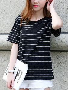Striped Loose Fit Cotton T-Shirt Short Sleeve mid Sleeve Summer Top Womens Fashion Korean Style round Neck Print Element