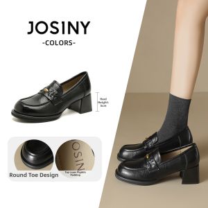 Josiny | Thick Heel Loafer Shoes Feminine Commute-Style British Aesthetic Metal Buckle Height-Enhancing Slimming