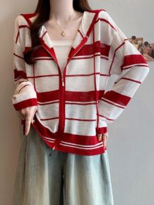 AIYITI | Oversized Stripe Hoodie Knit Top Summer Thin Lightweight Sun Protection Outerwear