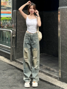 Quần Jeans ống Suông nữ rách nhẹ mẫu quần bò ống rộng đứng vải Denim dày co dãn màu hottrend QJ049