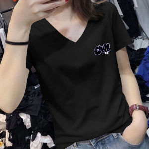 YOUROUPING | V-Neck Short Sleeve Womens Loose Cotton T-Shirt Slimming Black