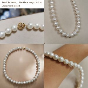 DaVee | High grade White pearl necklace 9-10mm natural pearl gold plated clasp fresh water pearl necklace
