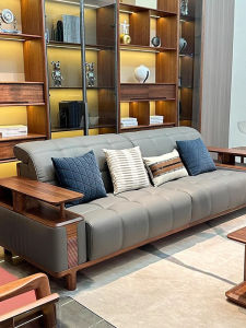 Italian Minimalist Genuine Leather Solid Wood Sofa Black Walnut Living Room Luxury New 2025 Three-Seater Sofa for Small Spaces