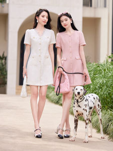 Summer New Pink A-Line Dress Womens Fashion High Waist Short Sleeve ShangFeng Style Single Piece High Quality Polyester Blend