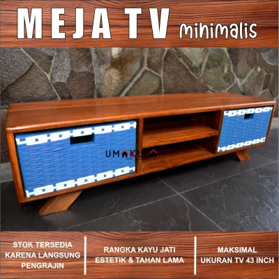 (HARGA LAGI TURUN) Meja tivi kayu jati berpaduan rotan sintetis inovasi terbaru model rak 3 dvd loreng