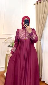 Gamis Polos Simple Elegan Model Baru Bahan Crinkle Airflow Motif Bordir Timbul Busui Friendly