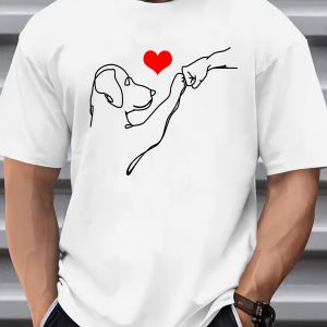 Mens Summer 100% Cotton Fashionable Casual Loose Dog and Heart Pattern Printed Sports Round Neck Short Sleeve T-shirt Top