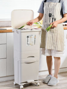 Kitchen Trash Can Floor Standing High Large Capacity Double Layer Wheel Mounted Sliding Home Use Garbage Bin Long Cylinder Shape