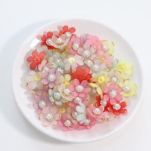 20pcs/lot Gold‑Trim Pearl Rhinestone Sunflower Acrylic Beads Flat Back Loose Bead for DIY Clothes Jewelry Decor Accessories
