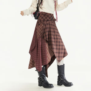 Eptison High Waist Plaid Mini Skirt Womens Autumn New Style American Retro Asymmetrical Splicing Long Skirt A-Line Skirt