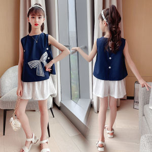 ชุดสองชิ้นฤดูร้อนสำหรับเด็กผู้หญิง ชุดทำงานลำลอง แขนกุด เสื้อผ้าเด็กผู้หญิง แฟชั่น ฤดูร้อน 2025 ใหม่ ไม่มีแบรนด์