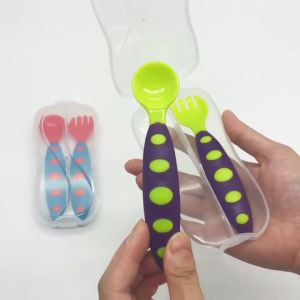 Soft Round Tip Silicone Non-Slip Spoon & Fork Baby Training Utensils with Case