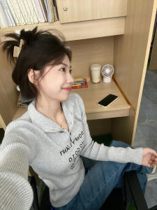 Korean Style Grey Half High Collar Letter Design Thin Womens Knitted Sweater Spring Autumn New Style Elegant Turn-down Collar