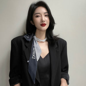 Summer French Vintage Pearl Scarf Necklace Women Clavicle Chain Ribbon Decorative Hair Ties Elegantly Small Shawl Sash