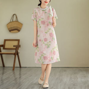 Retro National Style Ramie Print Short Sleeve Dress Plus Size Womens Clothing Elegant Diagonal Beaded Buckle Mid Length Long Length Cheongsam Dress