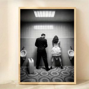 "Gender Equality" Mural with Man and Woman Using Urinals Canvas Print Poster Vintage Funny Art Prints Bathroom Home