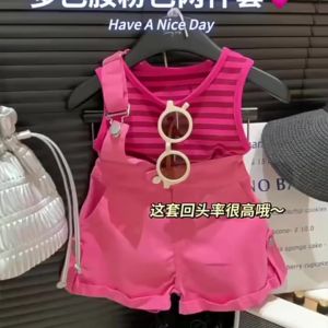 【READY STOCK】Korean Girls Set Summer Sleeveless Striped Tank Top With Shorts Two Piece Set (C227)