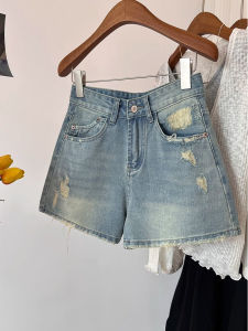 กางเกงขาสั้นยีนส์ขาดฟิตเนสสำหรับผู้หญิงไซส์ใหญ่ ทรงหลวม กางเกงขายาวทรงเอ กางเกงขายาวทรงหัวลิ้n ฤดูร้อน 2025