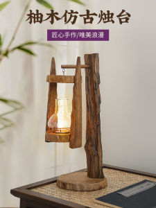 Thailand Log Candlestick Solid Wood Creative Ornaments Storm Lantern Household Windproof Barn Lantern Glass Cover Candle Holder European Decoration