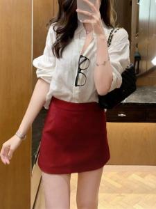 plus Size Red Woolen Mini Skirt High Waist A-Line Professional Commuter Style Womens Fashion Retro American Spring Autumn Skirt