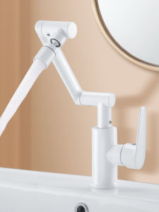 White Mechanical Arm Kitchen Faucet Bathroom Sink Basin Rotatable Spout Dual Hole Single Handle Copper Material for Home Use