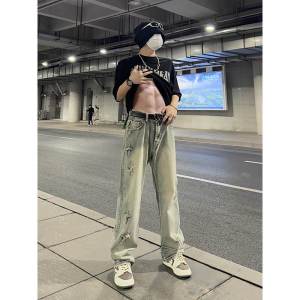 Yellow Mud Color Denim Mens American High Street Vibe Pants Spring and Autumn Fashion Brand Retro Loose Straight-leg Casual Pants
