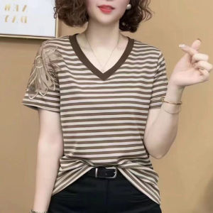 QIAOXIZI | Fashionable Plus Size Short Sleeve T-shirt V-neck Stripes Loose Fit Womens Summer New Style