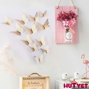 🔥Hutyet👍 12pcs 3d Hollow Butterfly Sticker Imitation Metal Wall Decoration Sticker Imitation Metal Wall Decoration Home Living Room Decoration Sticker