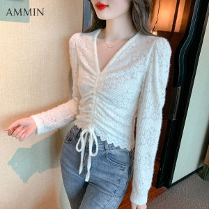 AMMIN 2024แขนยาวเสื้อลายลูกไม้คอวีสำหรับเวอร์ชันผู้หญิงเกาหลีทุกสัดส่วนการจับคู่กับเชือกรัดเอวเสื้อกระชับสัดส่วนแฟชั่นใหม่