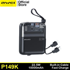 Awei P149K 10000mAh Multiple Output Powerbank Fast Charge 22.5W with Built-in Cable Long Battery Life LED Display