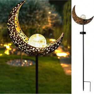 Solar Garden Lights Outdoor DecorMoon Fairy Crackle Glass LightsWarm White LED Metal Stake OrnamentUnique Gift for Gardening