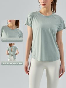 Womens Yoga Fitness Running Clothes Short Sleeve Loose Hollow out Breathable Moisture Wicking Quick Dry Ultra Elastic Nylon