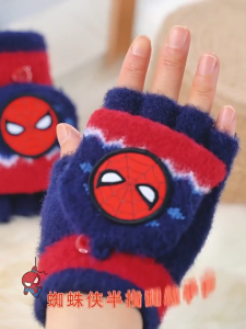 Disney Disney Boys Half Finger Gloves Autumn Winter Warm Children Fingerless Flip Gloves Writing Spiderman Knitted Wool Boy