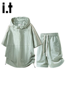 izzue | Summer Cool Silk Sport Casual Suit Set Hooded Short Sleeve T-shirt Shorts