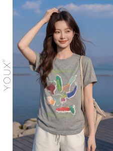 YOUXIANG | Áo Thun In Rau Củ Form Rộng Màu Sắc