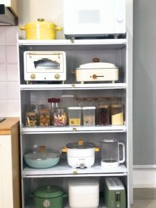 Multifunctional cabinets carbon steel microwave shelves kitchen storage shelves tiered storage with doors and wheels