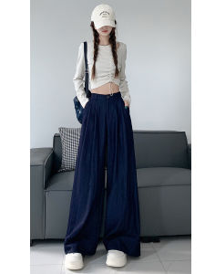 กางเกงขายาวทรงหลวมเอวสูงผ้าฝ้ายลินินสีน้ำเงินเข้มสำหรับผู้หญิงในช่วงฤดูร้อน กางเกงขายาวทรงหลวมสบาย ๆ ทรงหลวม