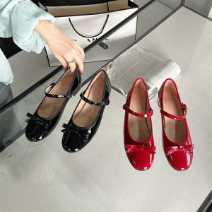 Red Bowknot Mary Jane Shoes Womens French round Head Medium Heel Ballet Slip-On Versatile Love Single Shoes Fashionable Elegant