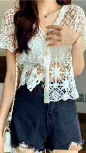 Stella Fashion Knitted Sunscreen Cardigan Thin Style Women Loose Outer Blouse Short Sleeve Top