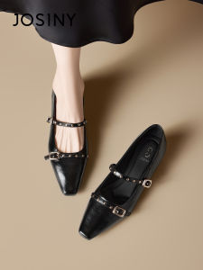 Josiny | Pointed Black French Style Leather Shoes with Block Heel