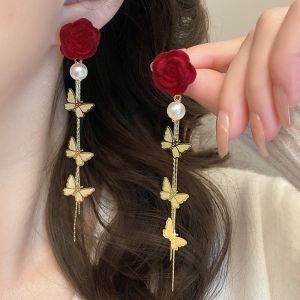Red Flower Three Butterflies Tassel Earrings Women Korean Fashion Elegant Earring Accessories Jewelry for Girls
